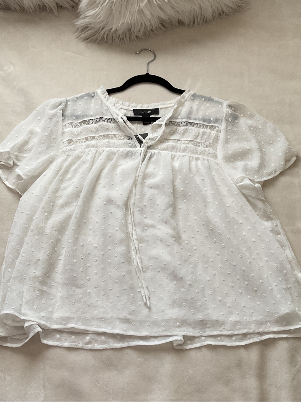 Forever 21 White Swiss-Dot Tie-Front Peasant Blouse